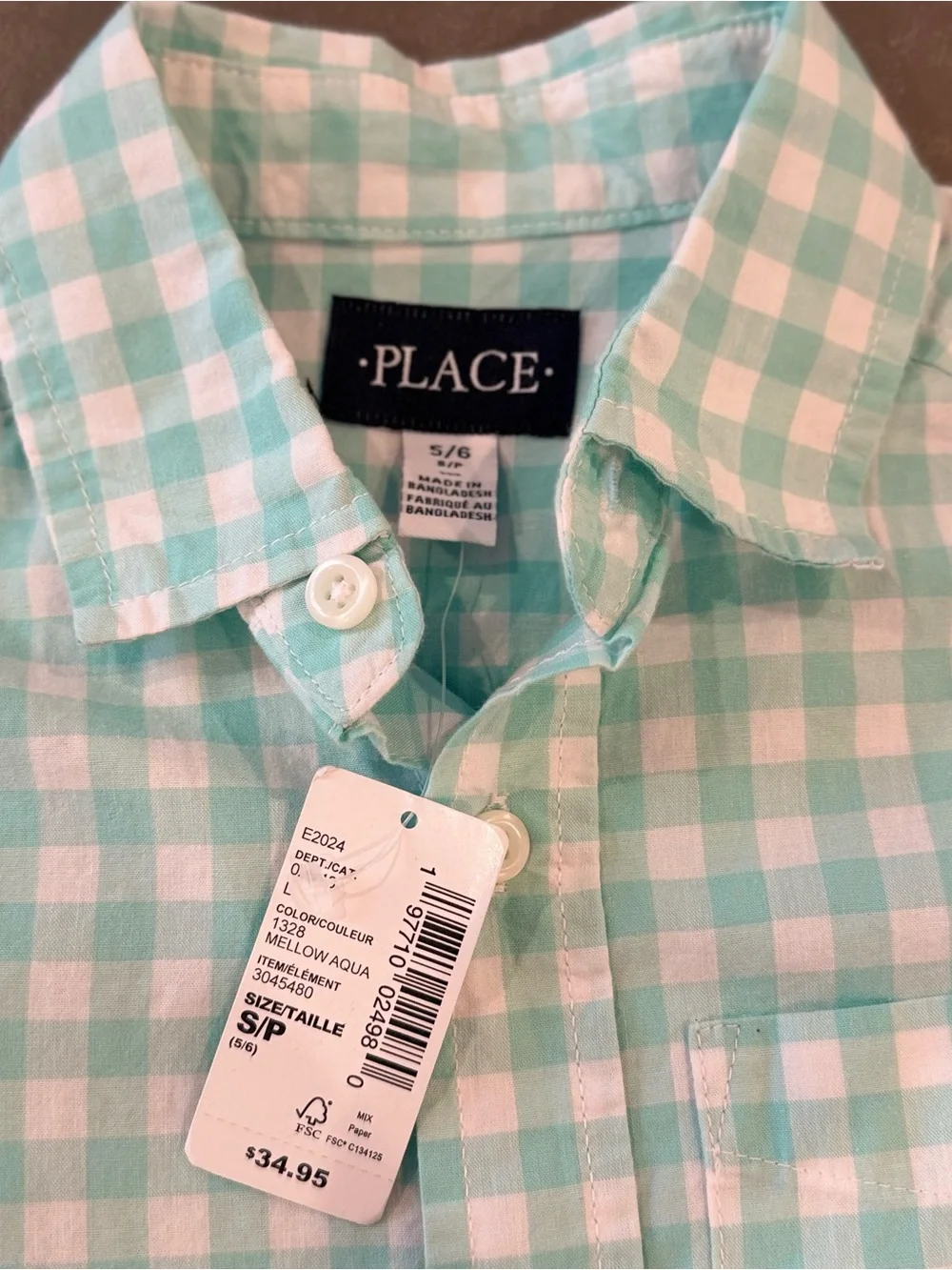 The Children’s Place Boys 5/6 Gingham Button Down Shirt Aqua NWT